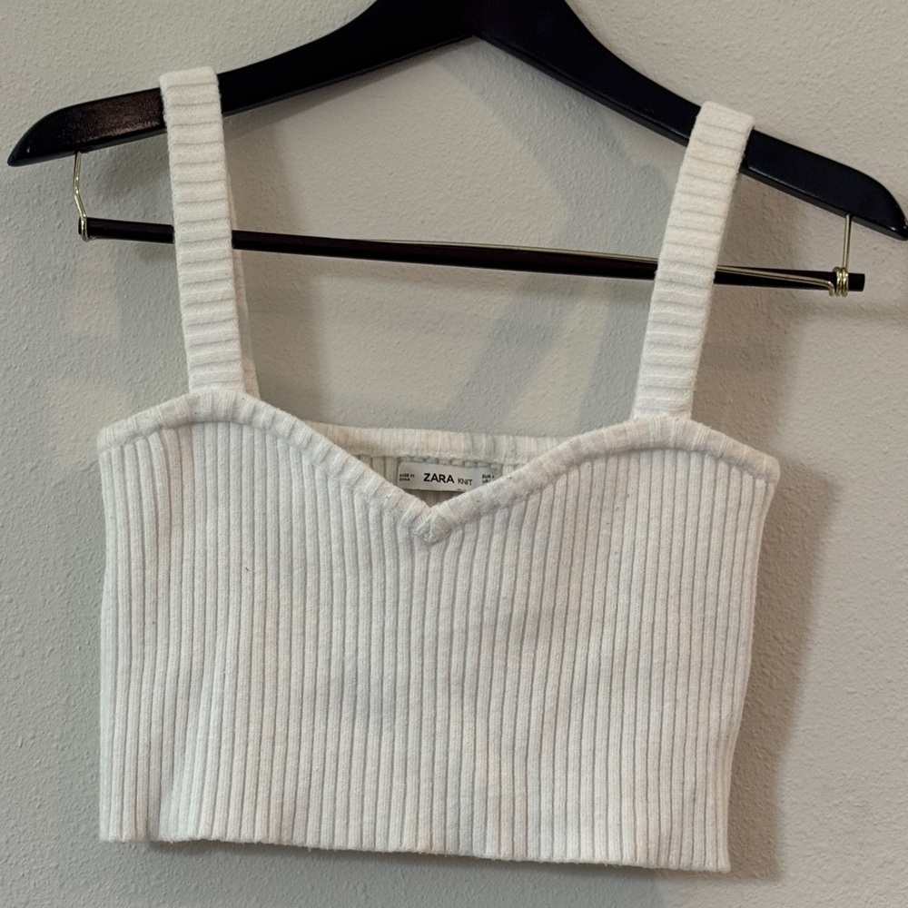 Zara White Ribbed Square-Neck Tank Top